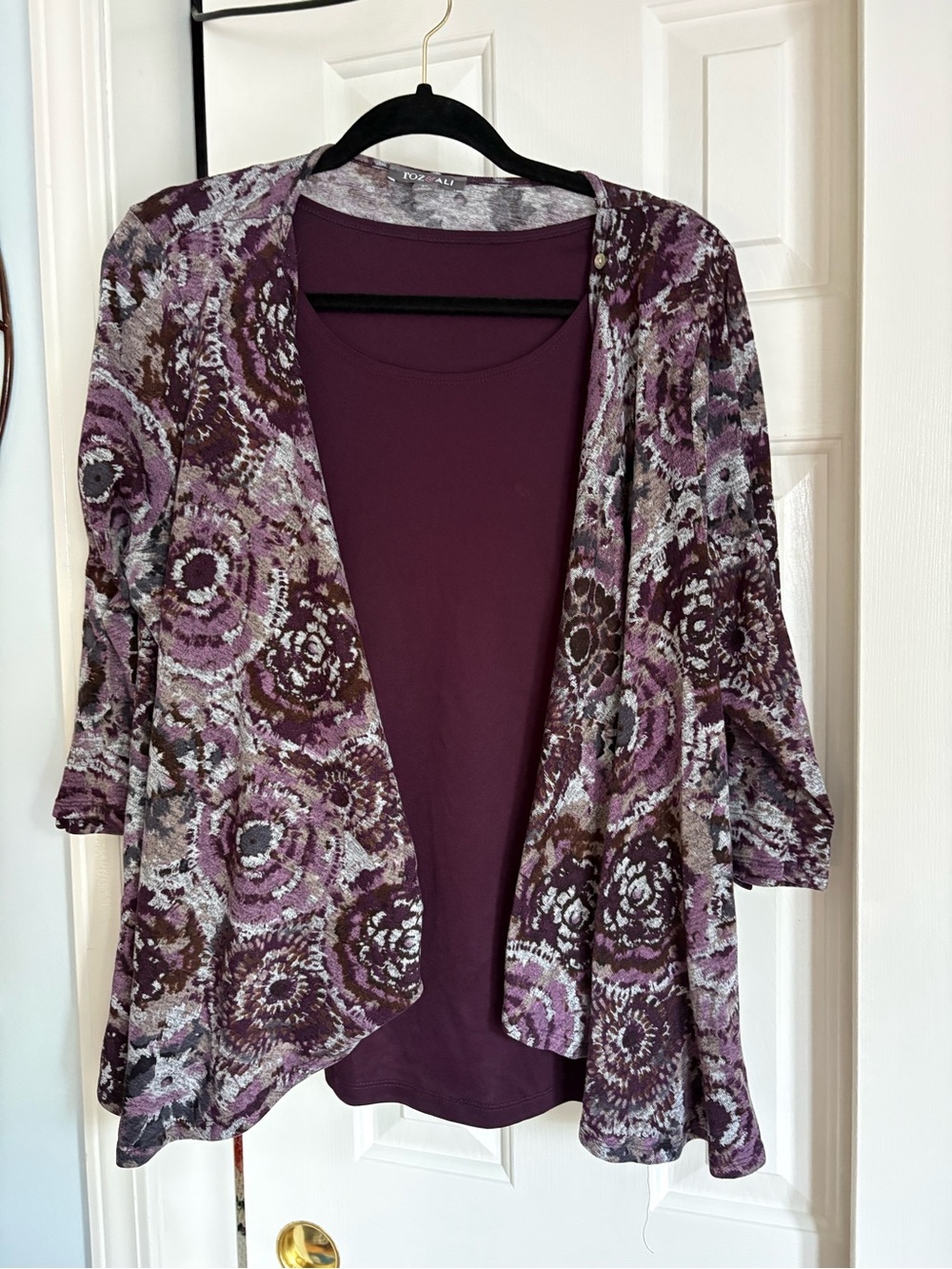 Roz & Ali Purple Floral-Patterned Open Cardigan with Plum Tank
